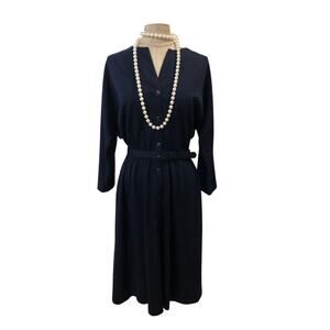 Melissa Lane 70s vintage navy blue dress modest long sleeve medium